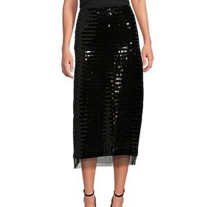 Le AL.X Black Sequin Knit High Rise Sheath Slip Midi Skirt Size 0 NWT